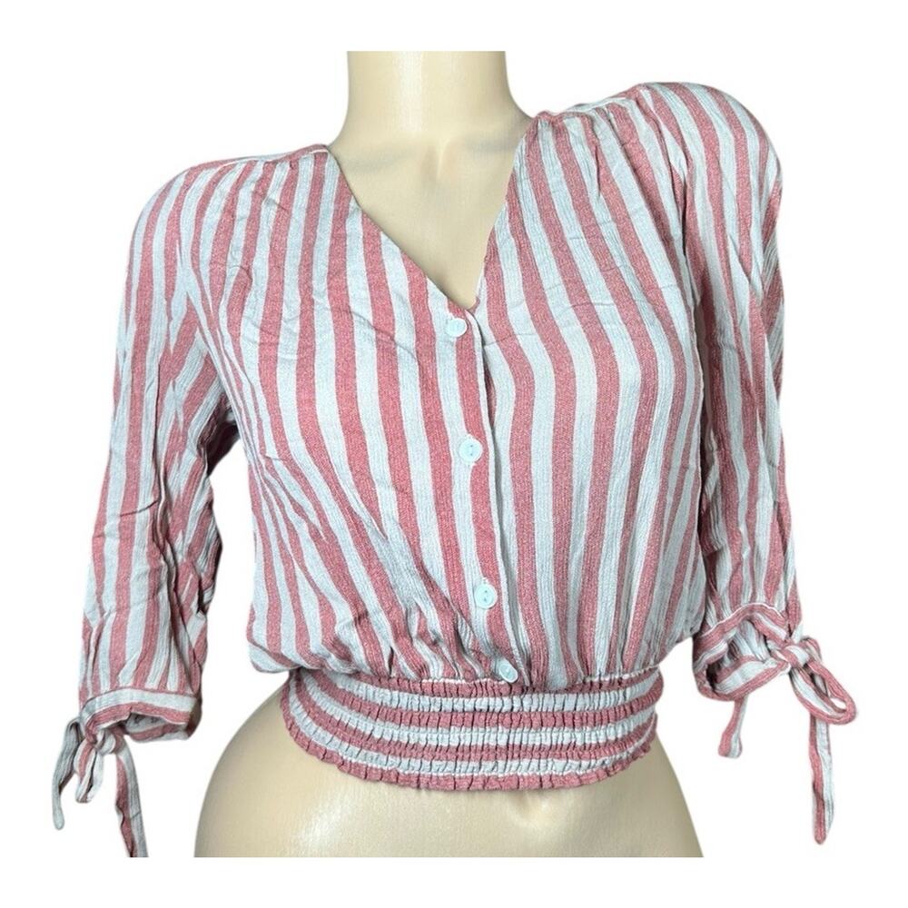 Faith and Joy Sz S Cropped 3/4 Sleeve Blouse Top Pink Beige Striped Nautical